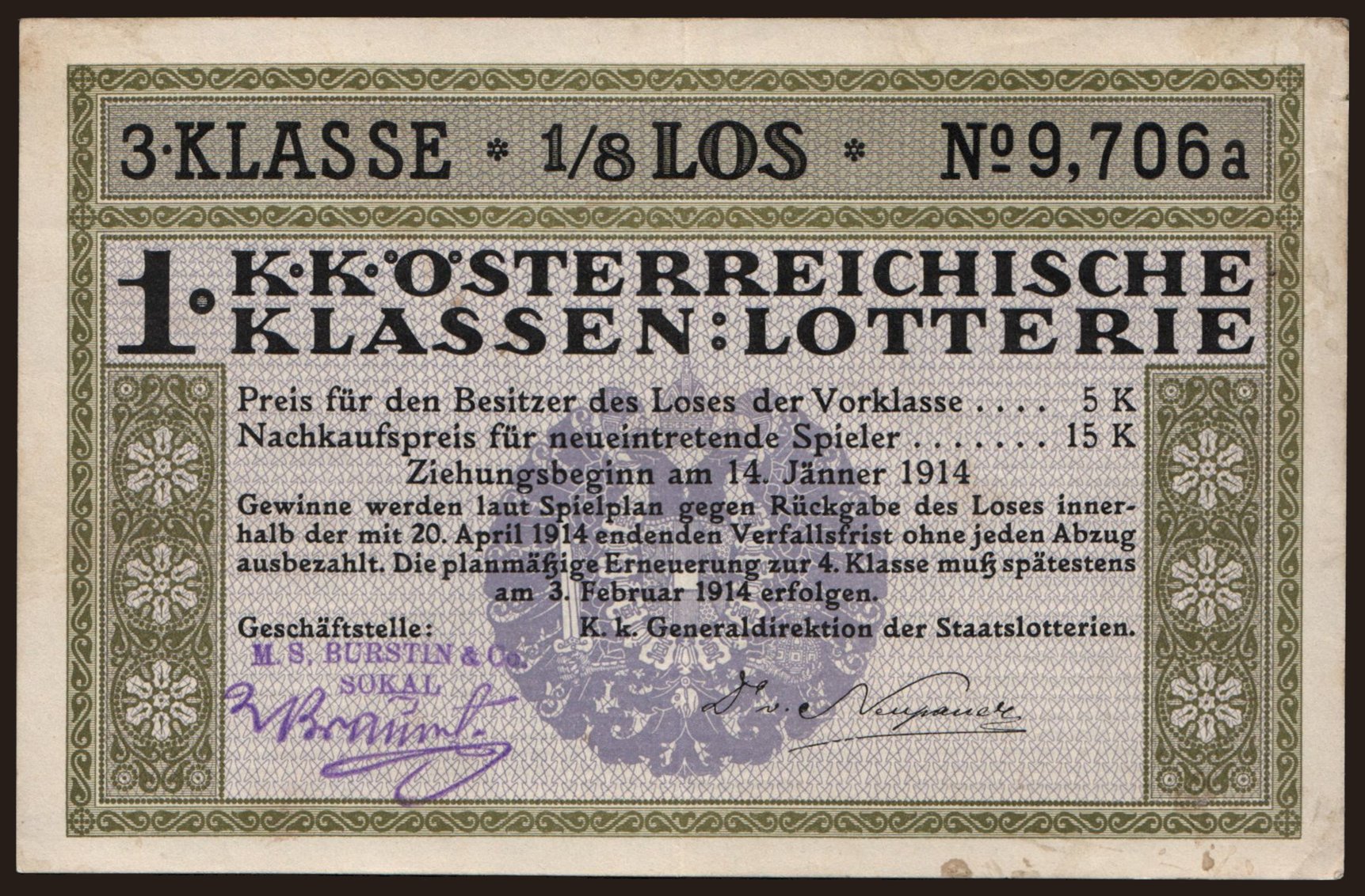 K.K. Österreichische Klassen-Lotterie, 1/8 Los, 1914