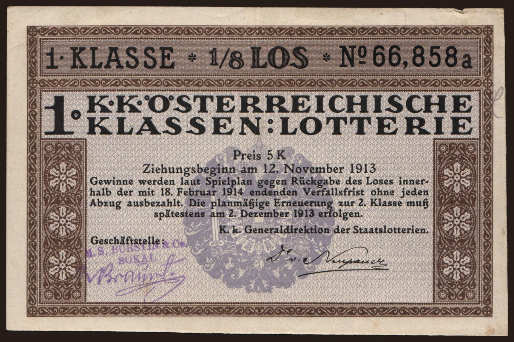 K.K. Österreichische Klassen-Lotterie, 1/8 Los, 1913