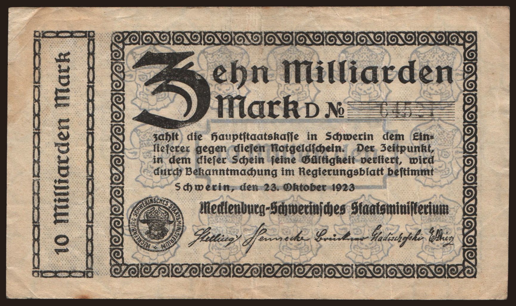 Schwerin/ Mecklenburg-Schwerinsches Staatsministerium, 10.000.000.000 Mark, 1923