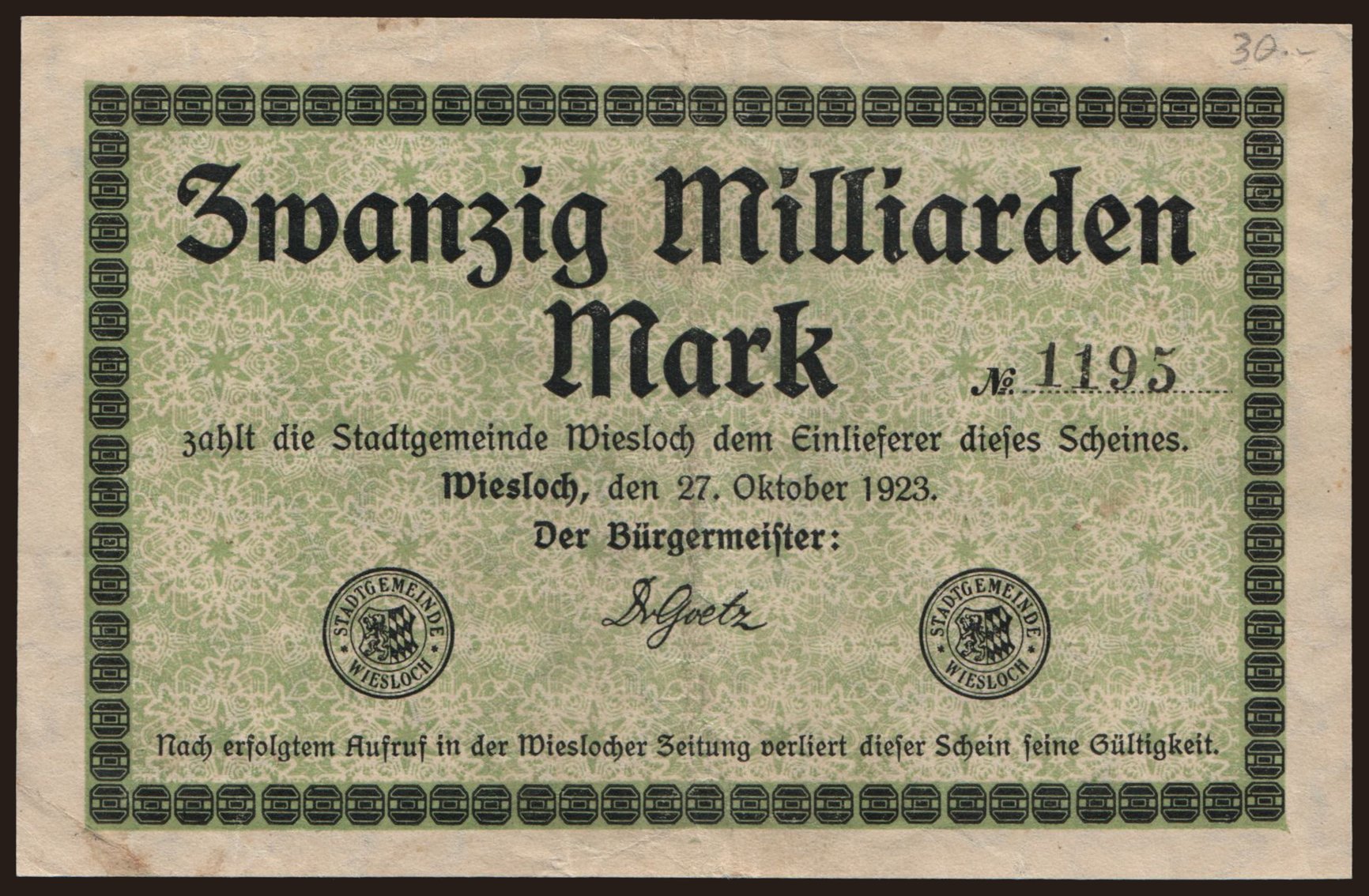 Wiesloch/ Stadtgemeinde, 20.000.000.000 Mark, 1923