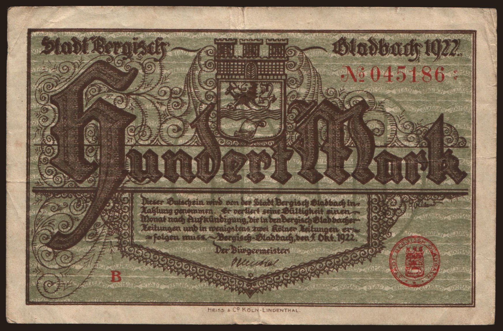 Bergisch-Gladbach/ Stadt, 100 Mark, 1922