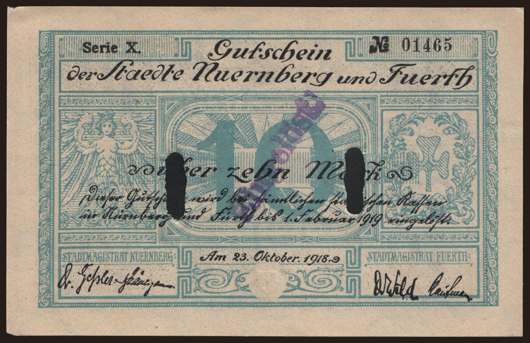 Nürnberg & Fürth/ Stadt, 10 Mark, 1918