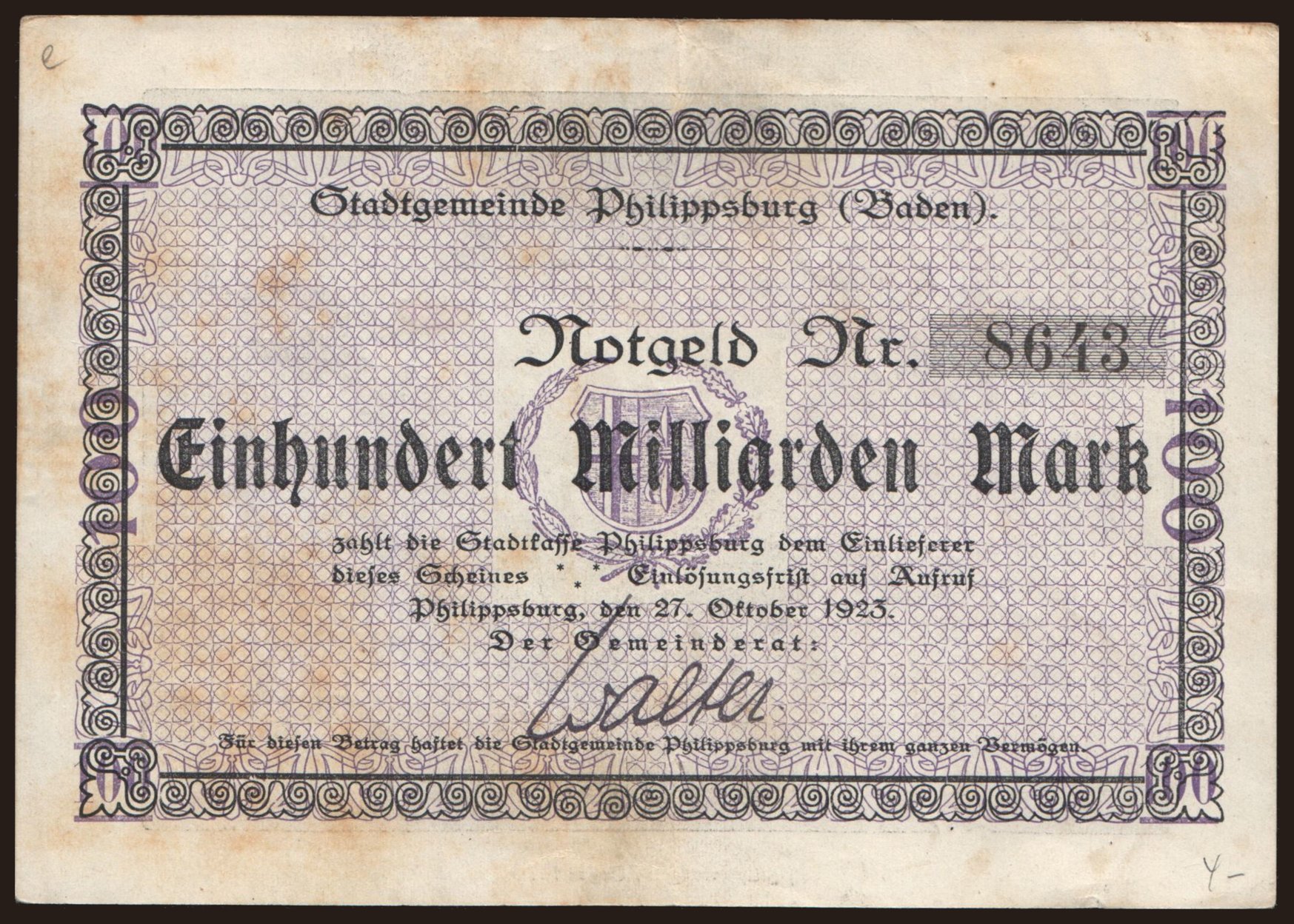 Philippsburg/ Stadt, 100.000.000.000 Mark, 1923