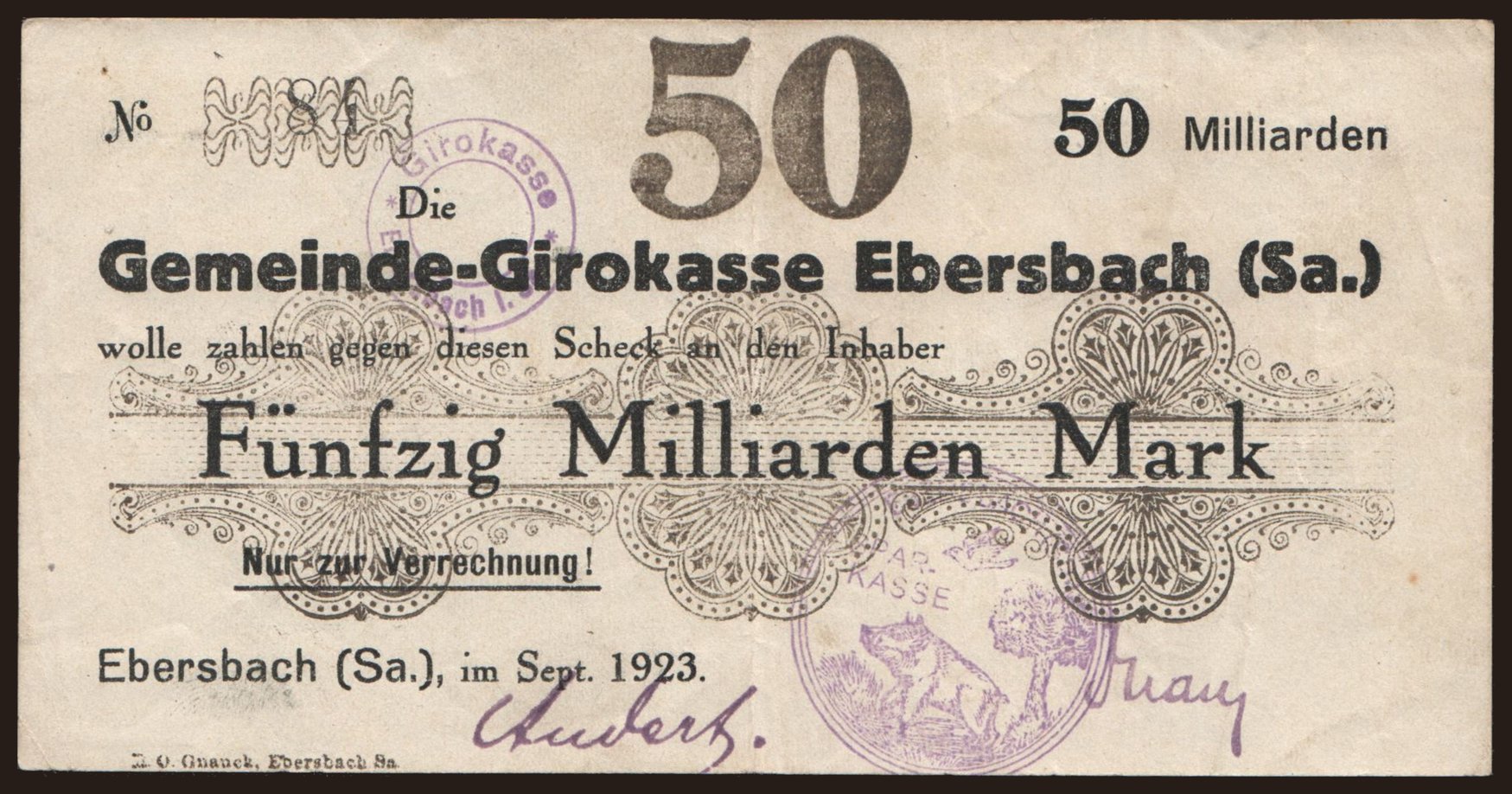 Ebersbach/ Gemeinde Girokasse, 50.000.000.000 Mark, 1923