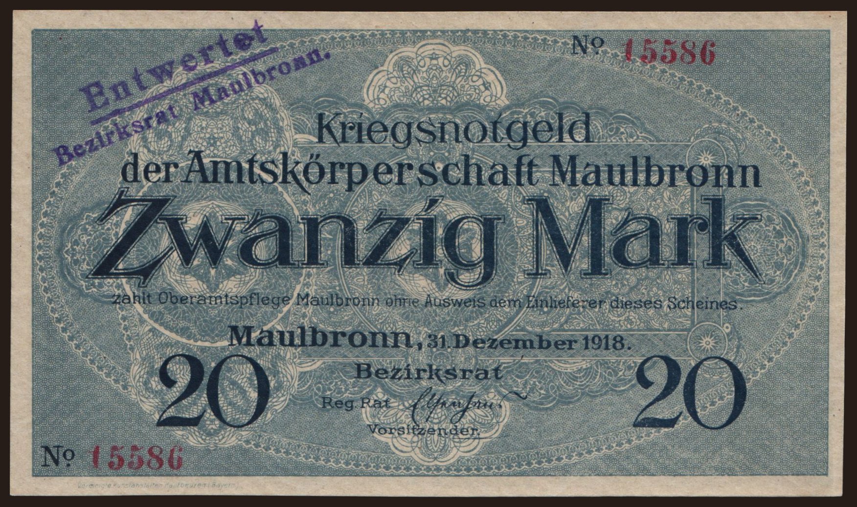 Maulbronn/ Amtskörperschaft, 20 Mark, 1918