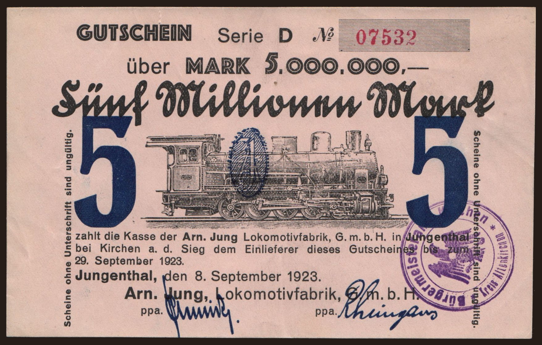 Jungenthal/ Arn. Jung, Lokomotivfabrik GmbH, 5.000.000 Mark, 1923