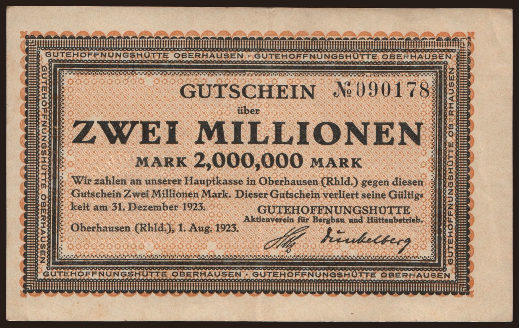 Oberhausen/ Gutehoffnungshütte Aktienverein für Bergbau und Hüttenbetrieb, 2.000.000 Mark, 1923
