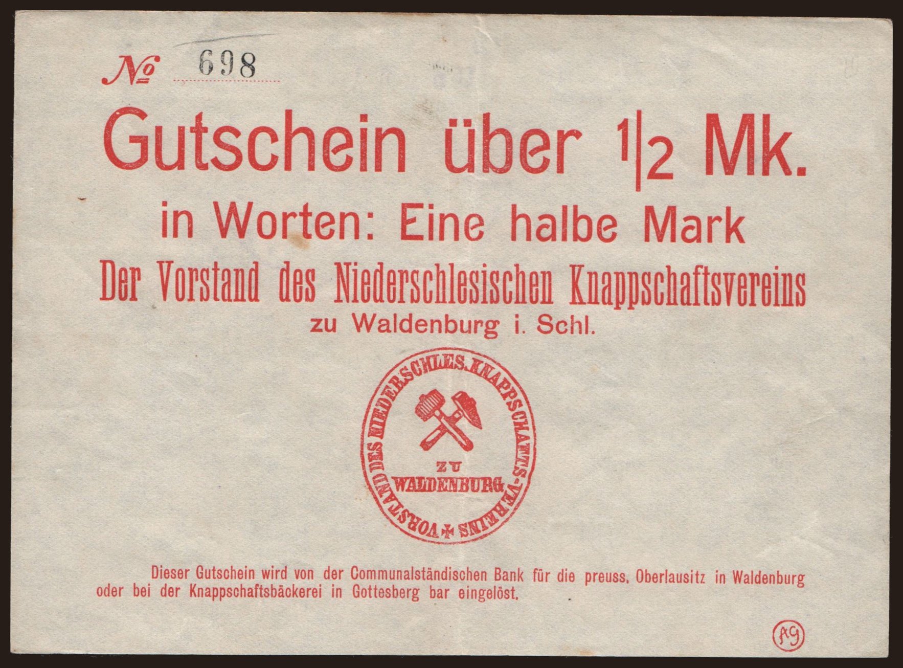 Waldenburg/ Niederschlesischer Knappschaftsverein, 1/2 Mark, 1916