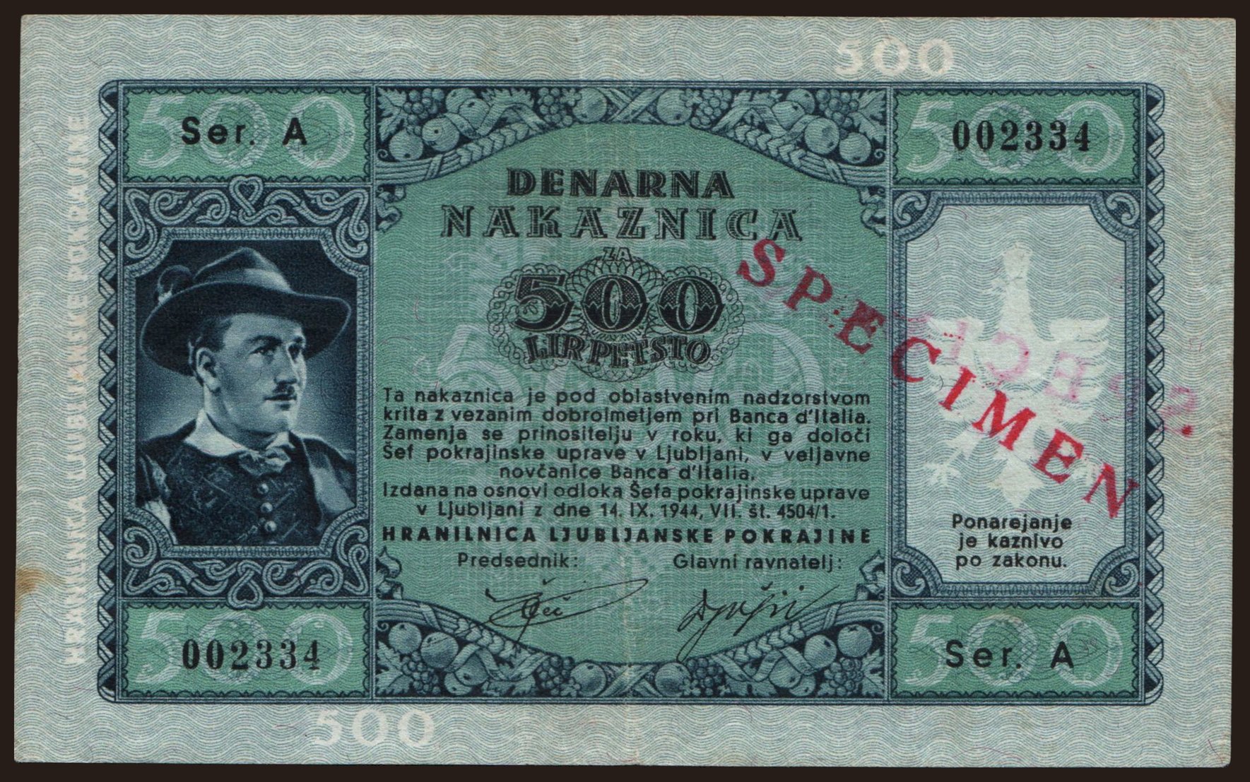 Laibach, 500 lire, 1944, SPECIMEN