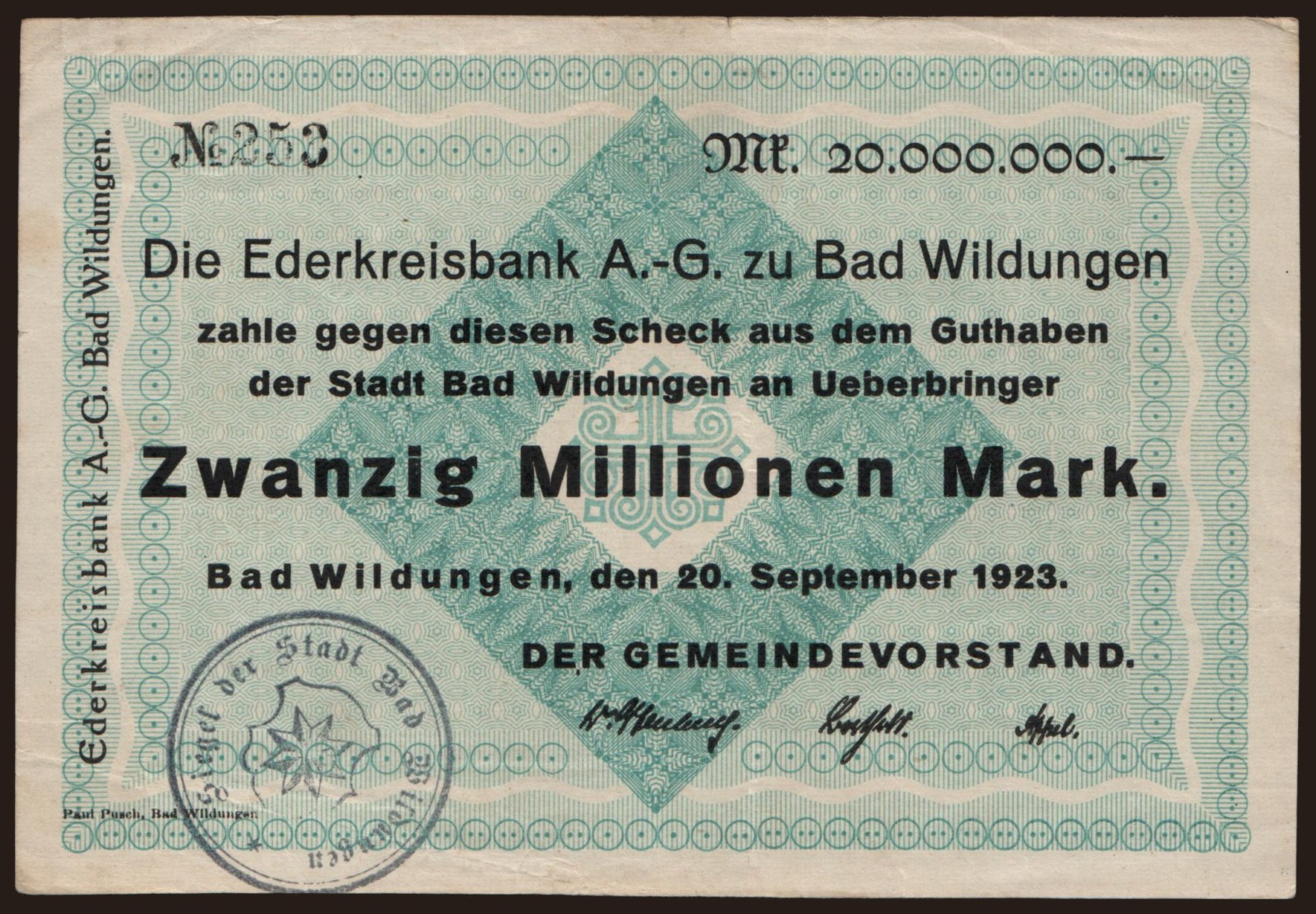 Bad Wildungen/ Stadt, 20.000.000 Mark, 1923