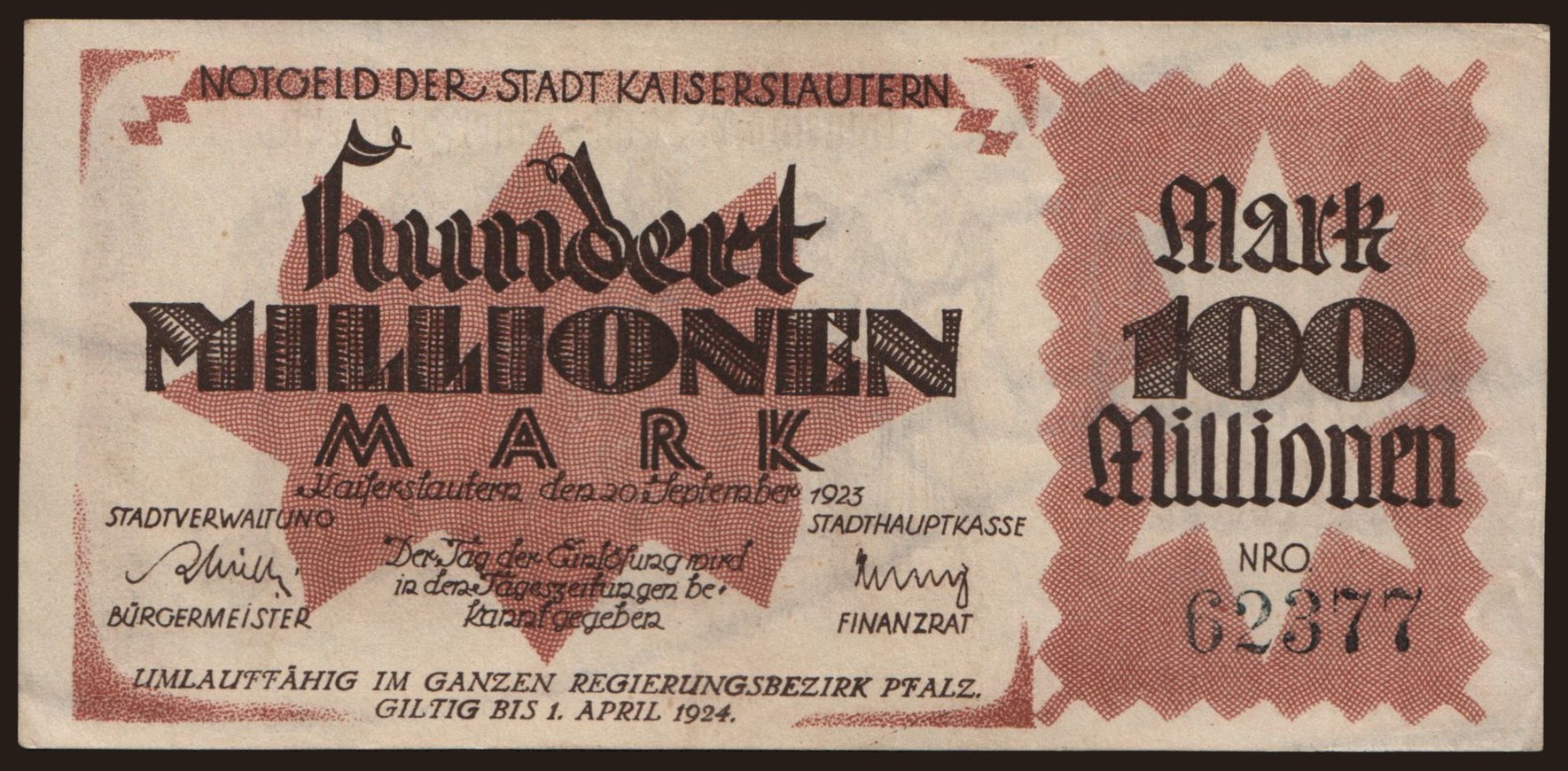 Kaiserslautern/ Stadt, 100.000.000 Mark, 1923