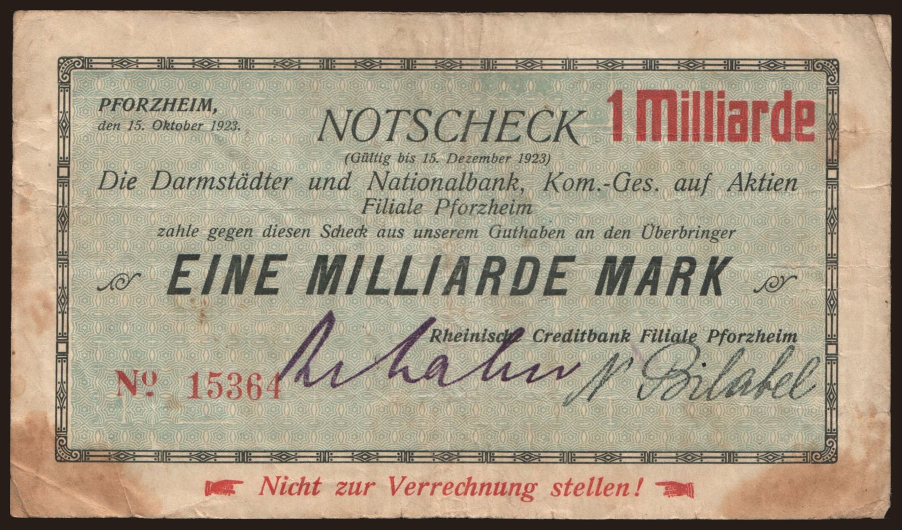 Pforzheim/ Darmstädter- u. Nationalbank KG auf Aktien, 1.000.000.000 Mark, 1923