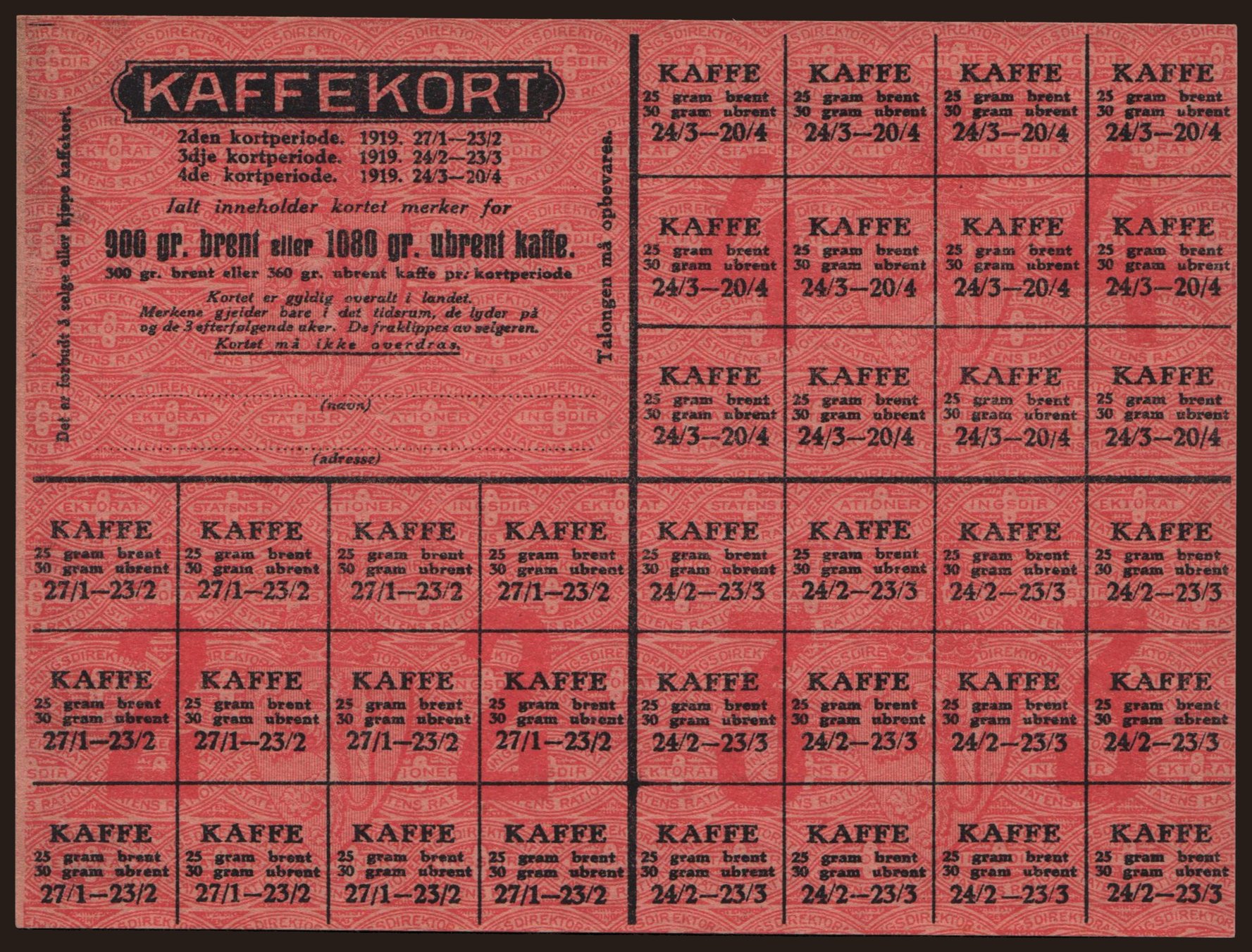 Kaffekort, 1919