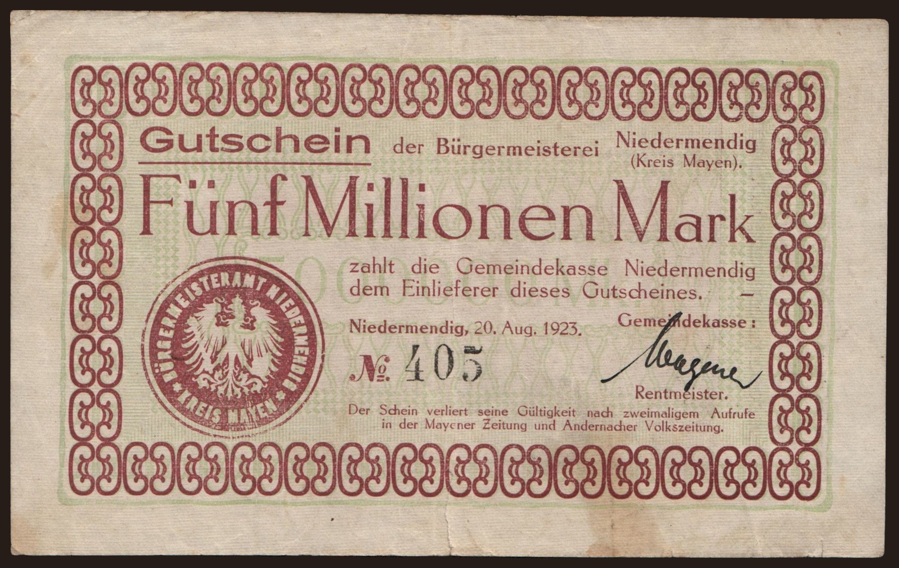 Niedermendig/ Gemeindekasse, 5.000.000 Mark, 1923