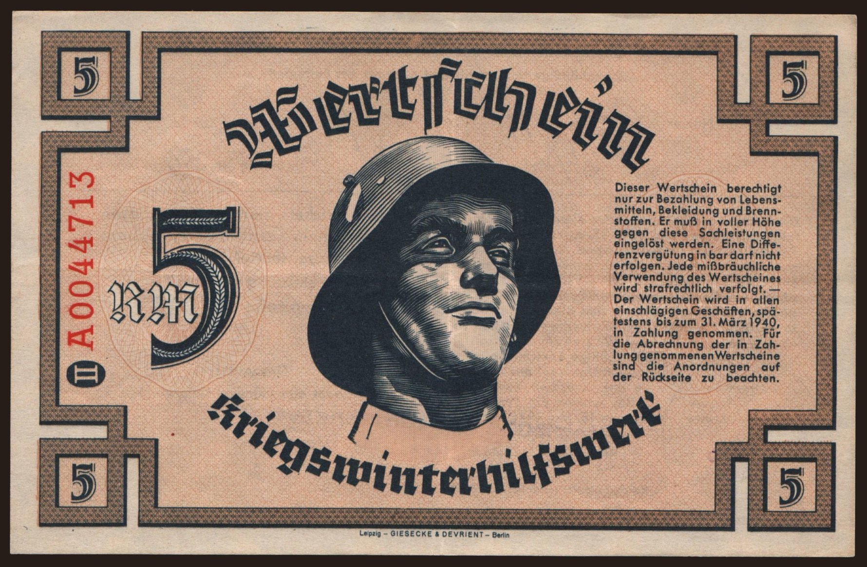 Winterhilfswerk, 5 Reichsmark, 1940