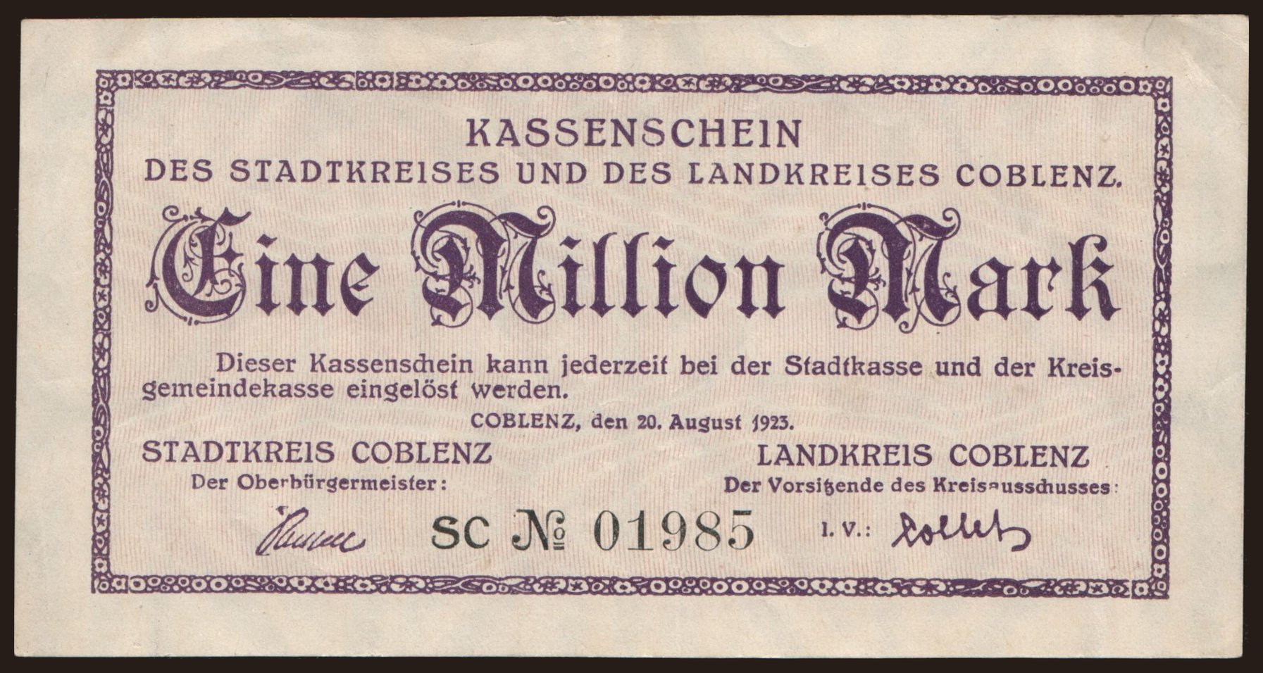 Coblenz/ Stadtkreis und Landkreis, 1.000.000 Mark, 1923