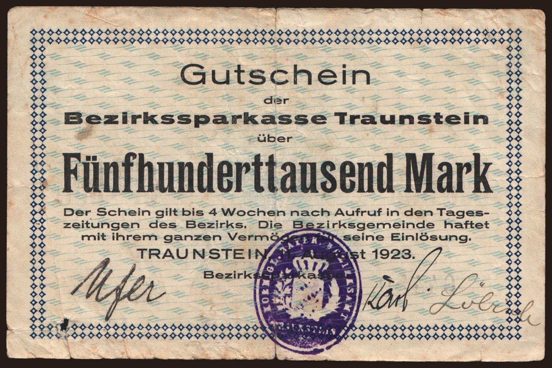 Traunstein/ Bezirkssparkasse, 500.000 Mark, 1923