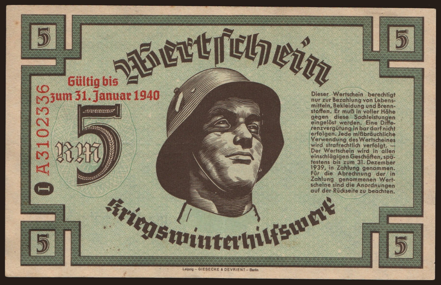 Winterhilfswerk, 5 Reichsmark, 1939