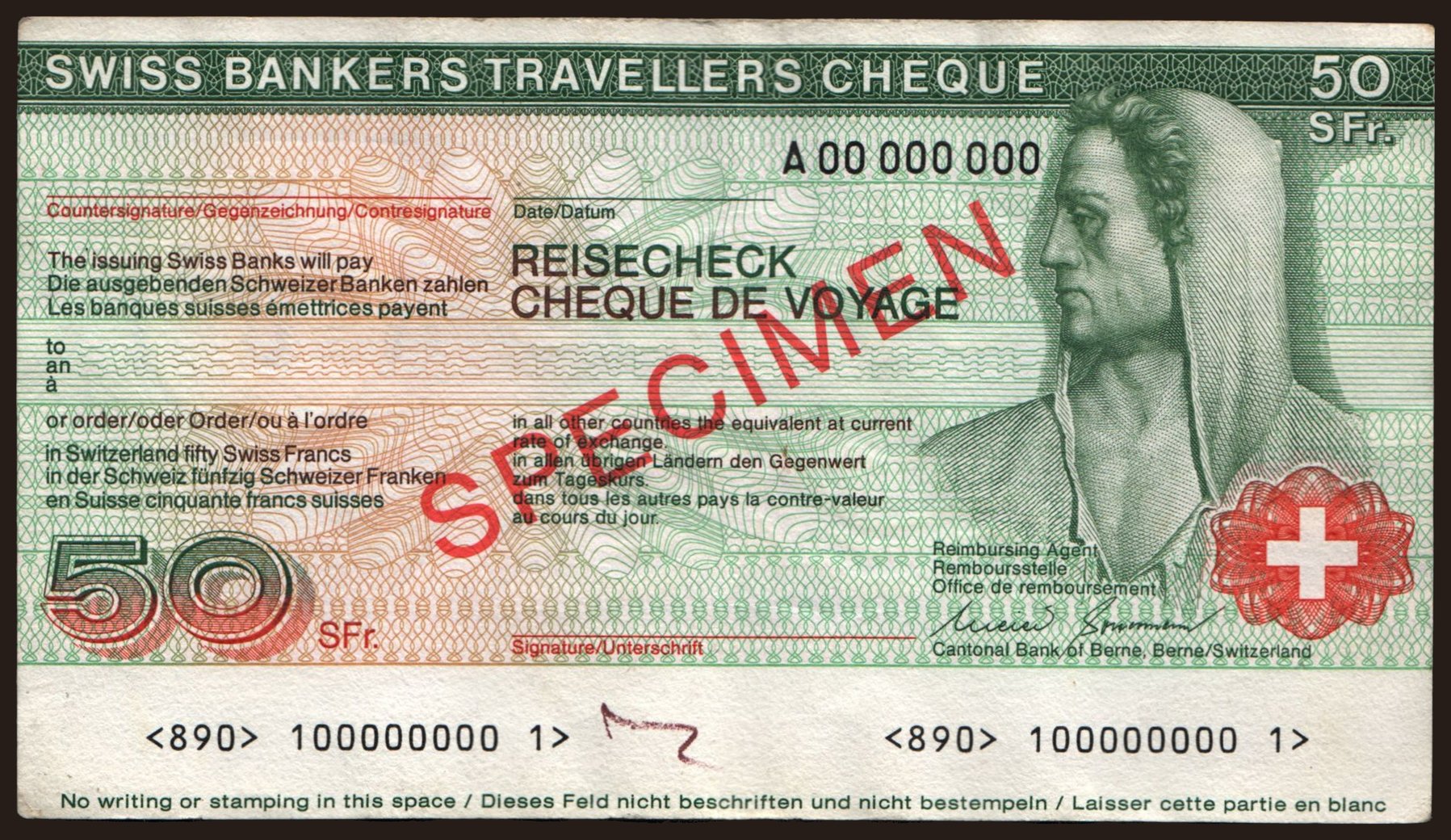 Travellers cheque, Swiss Banks, 50 francs, specimen