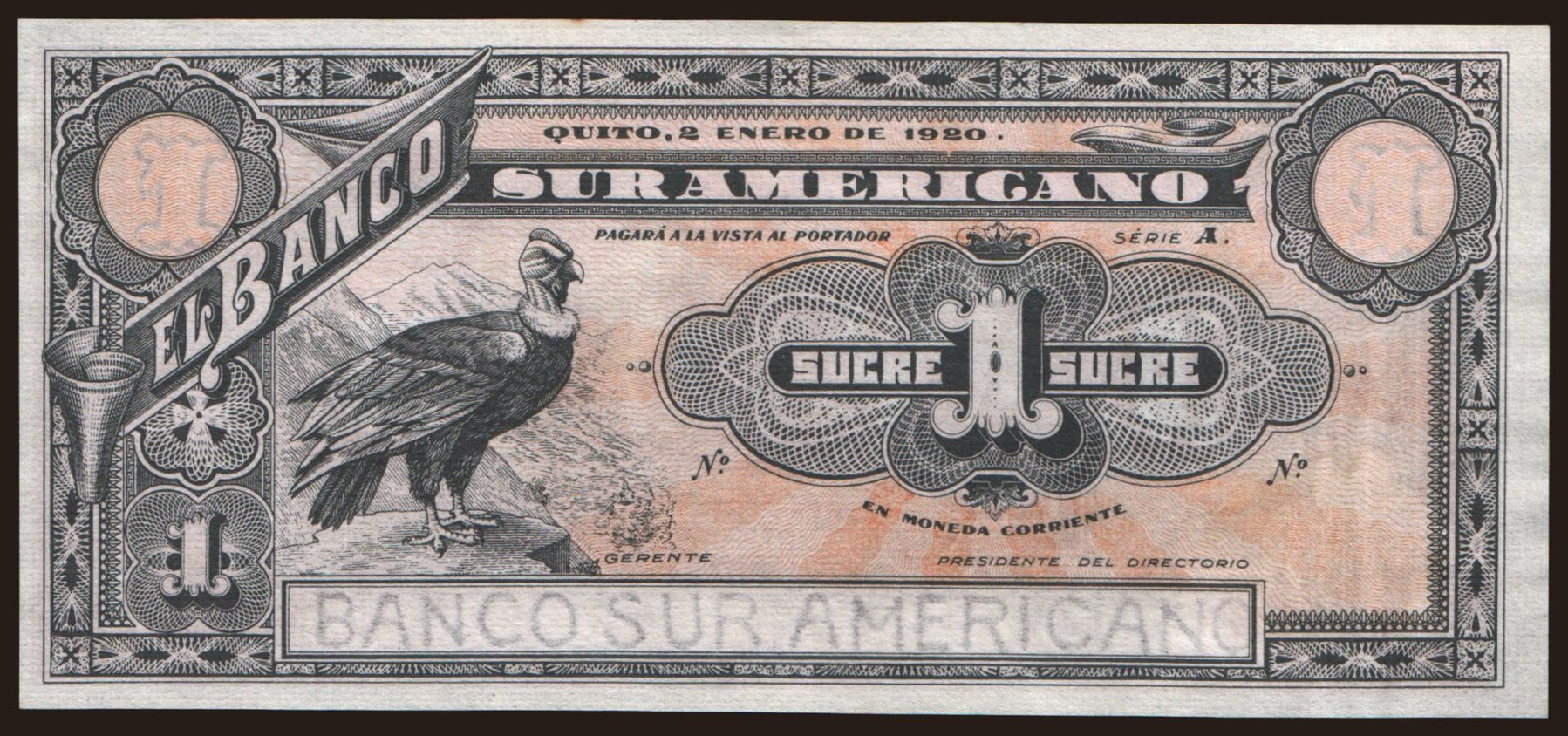 Banco sur Americano, 1 sucre, 1920