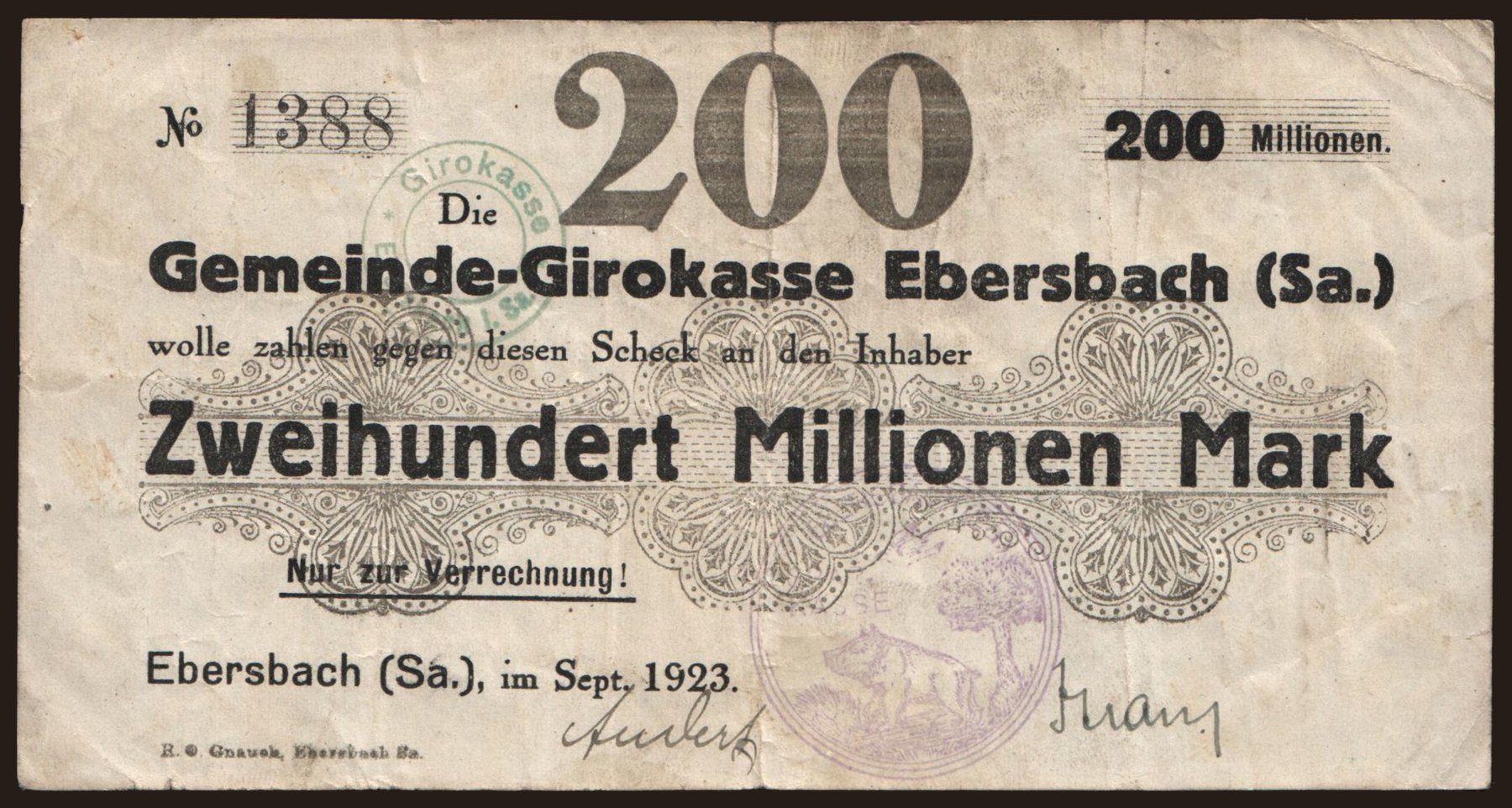 Ebersbach/ Gemeinde Girokasse, 200.000.000 Mark, 1923