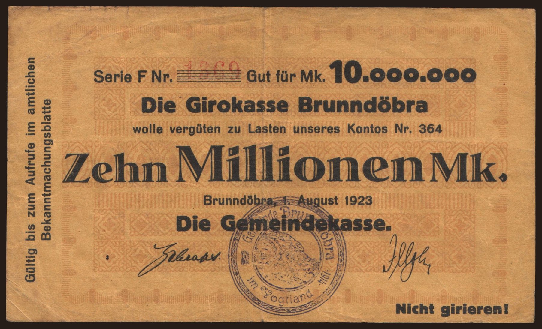 Brunndöbra/ Gemeindekasse, 10.000.000 Mark, 1923