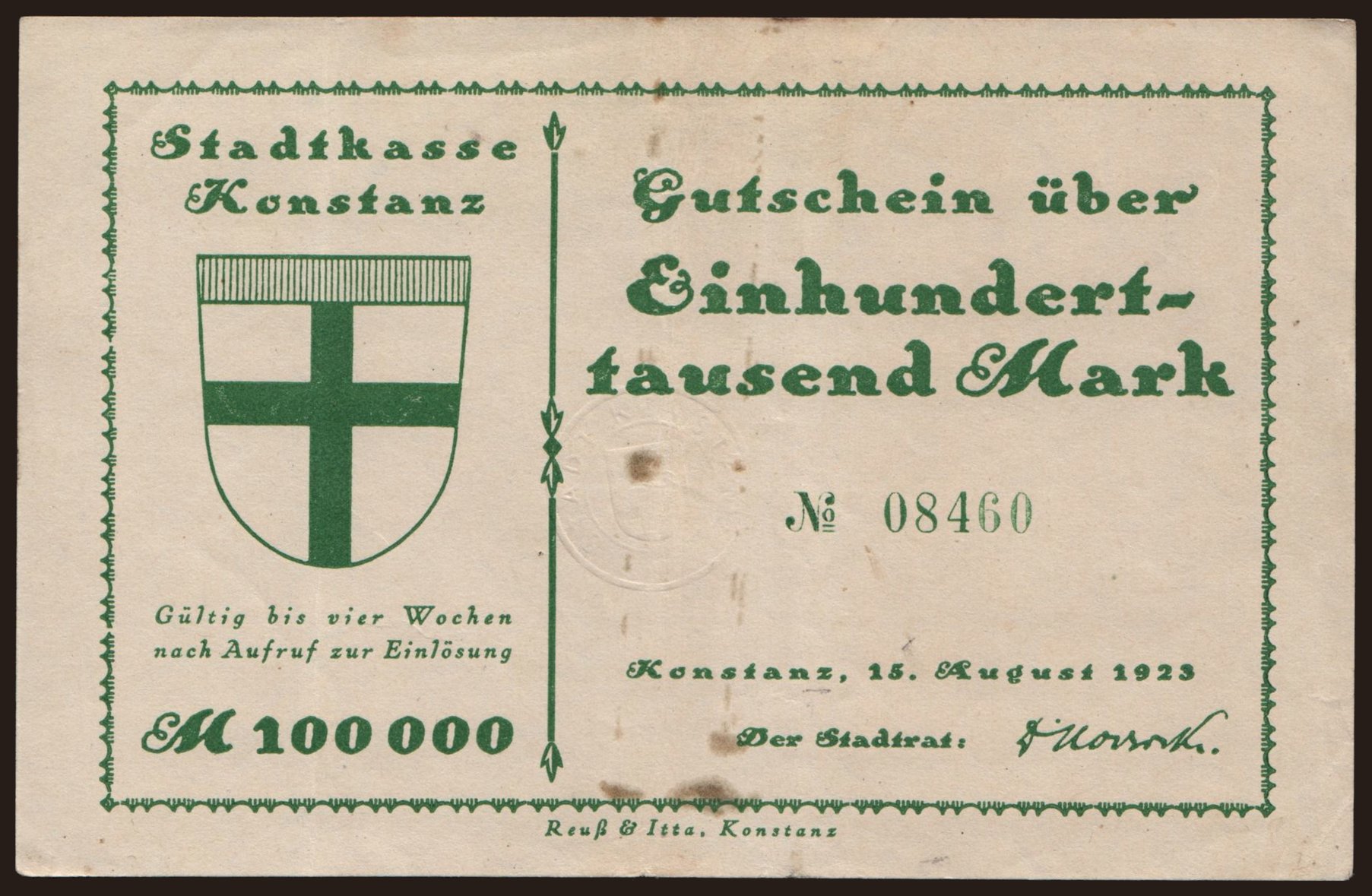 Konstanz/ Stadt, 100.000 Mark, 1923