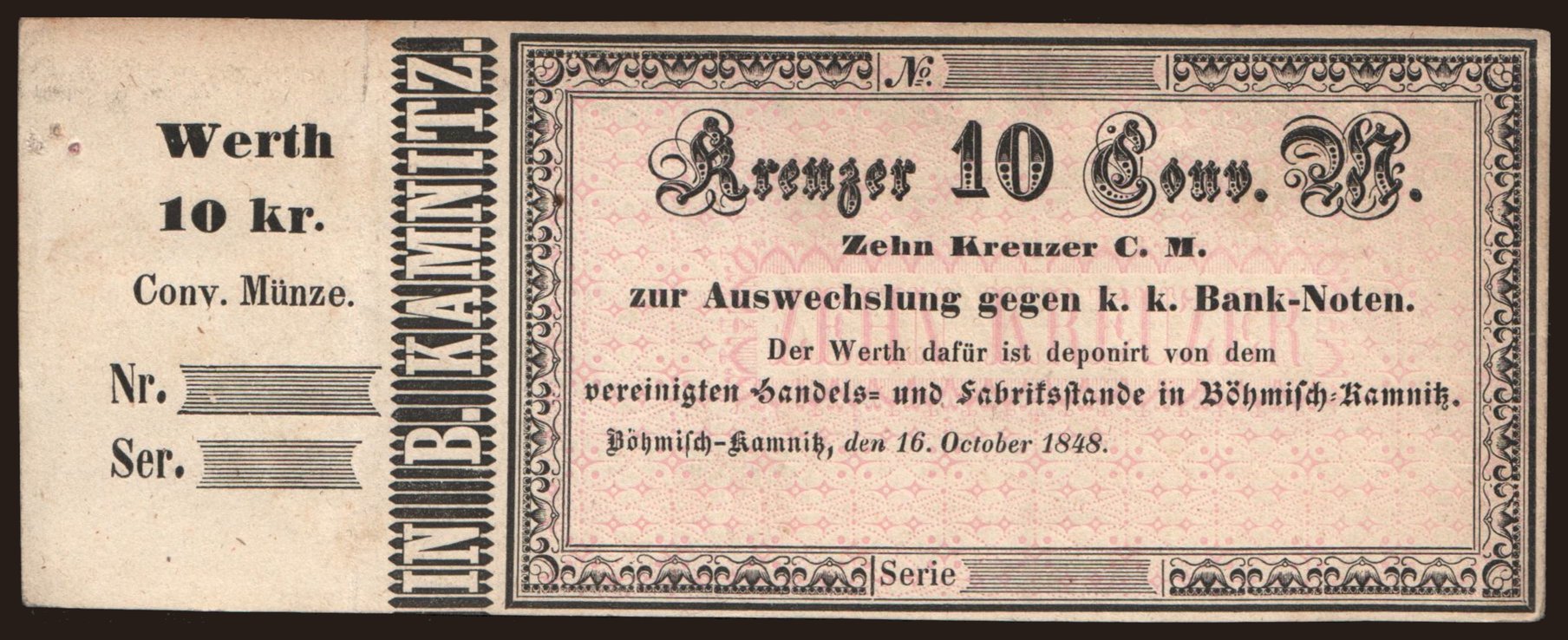 Böhmisch-Kamnitz/ Vereinigter Handels- u. Fabriksstand, 10 Kreuzer, 1848