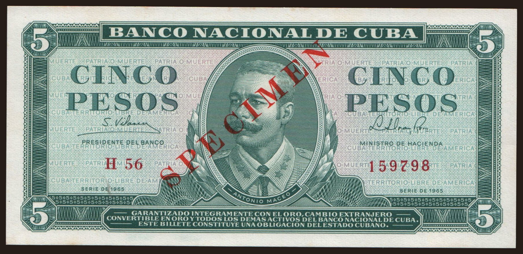 5 pesos, 1965, SPECIMEN