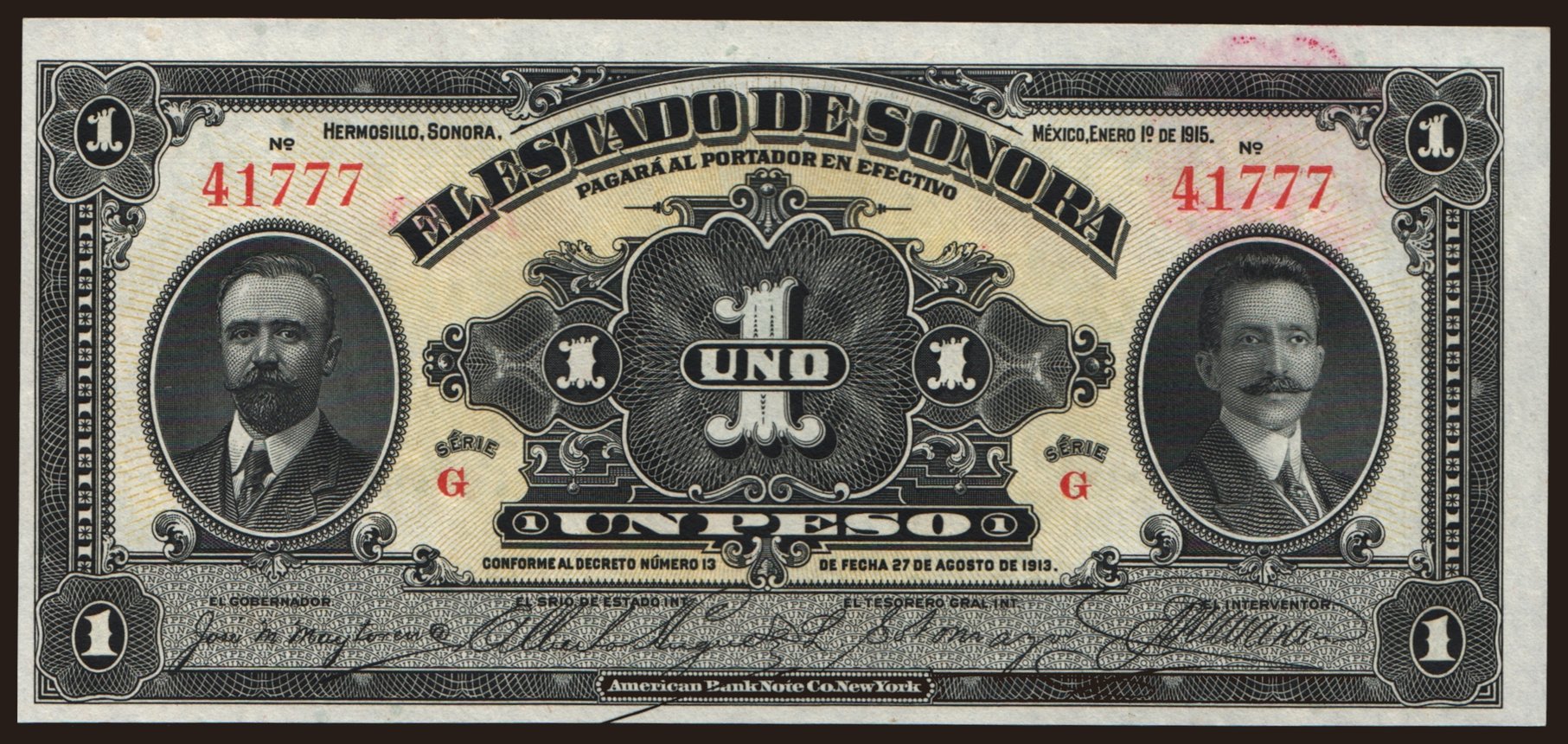El Estado de Sonora, 1 peso, 1913