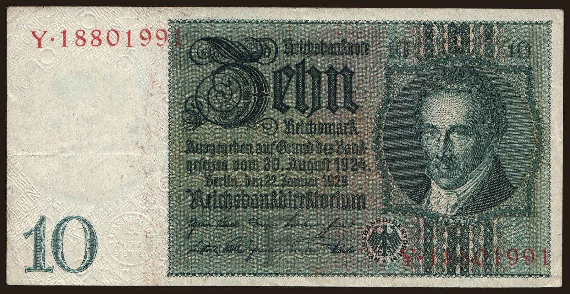 10 Reichsmark, 1929, F/Y