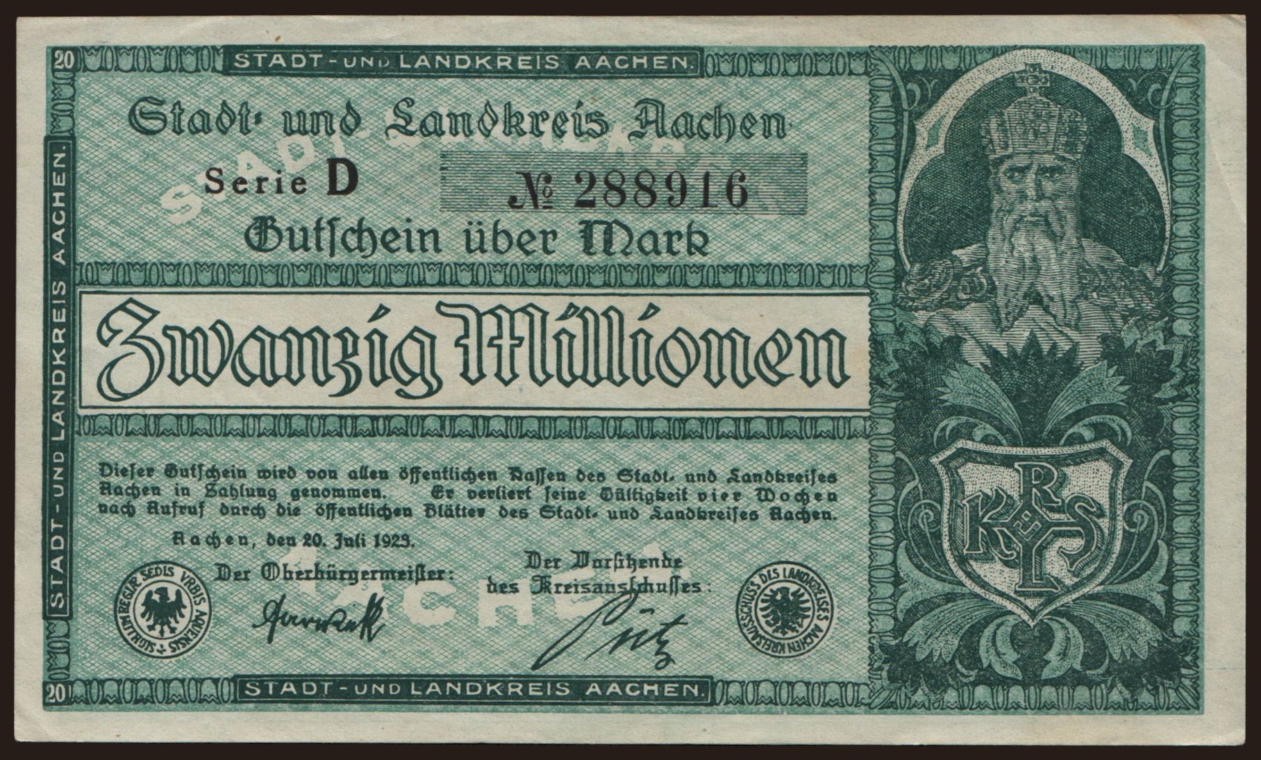 Aachen/ Stadt- und Landkreis, 20.000.000 Mark, 1923