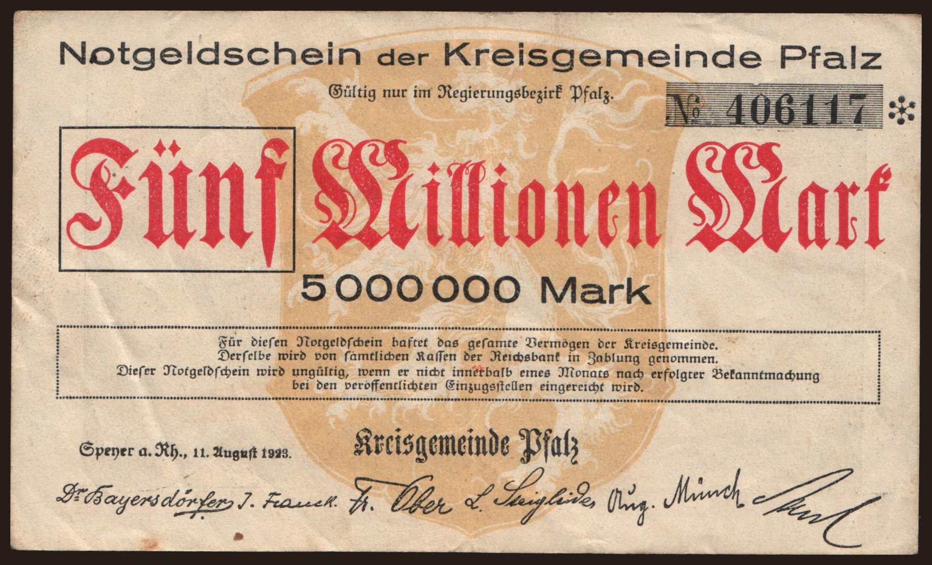 Pfalz/ Kreisgemeinde, 5.000.000 Mark, 1923