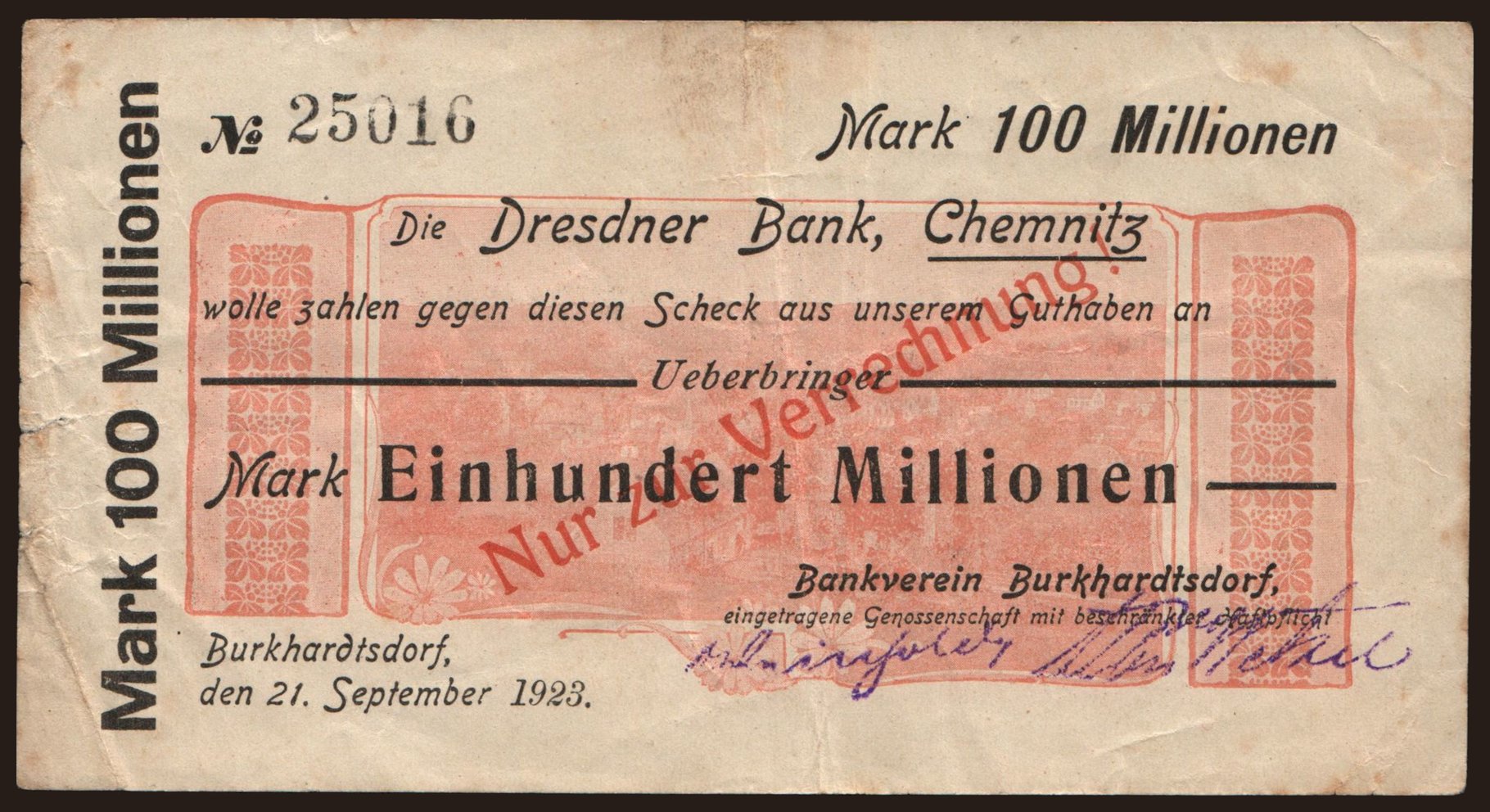 Burkhardtsdorf/ Bankverein Burkhardtsdorf, 100.000.000 Mark, 1923