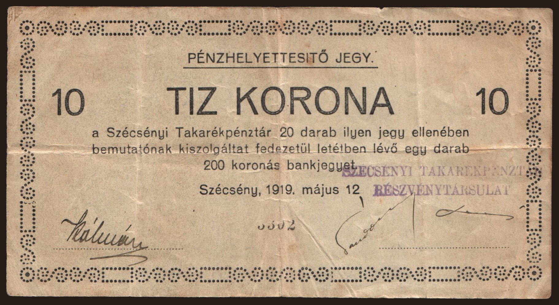 Szécsény/ Szécsényi Takarékpénztár, 10 korona, 1919