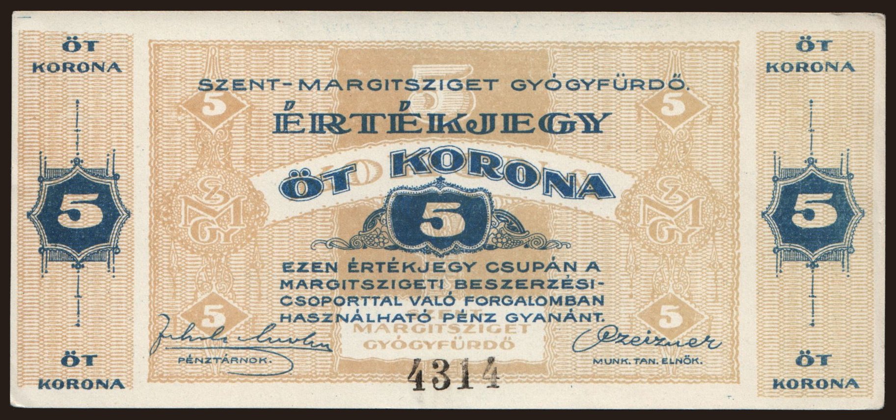 Budapest/ Szent Margitsziget Gyógyfürdő, 5 korona, 1919