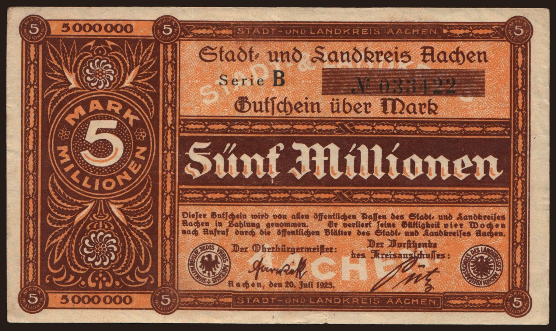 Aachen/ Stadt- und Landkreis, 5.000.000 Mark, 1923
