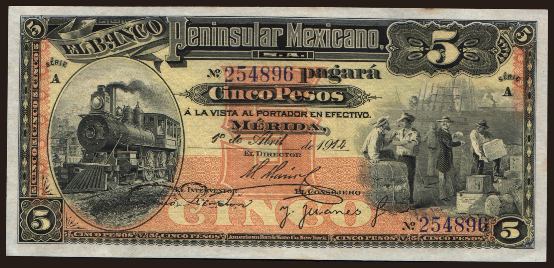 El Banco Peninsular Mexicano, 5 pesos, 1914