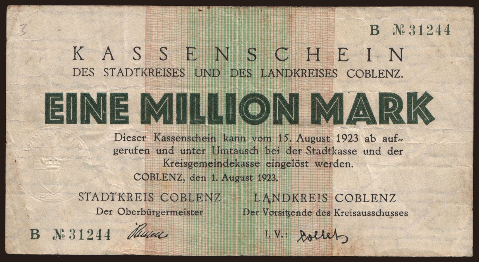Coblenz/ Stadtkreis und Landkreis, 1.000.000 Mark, 1923
