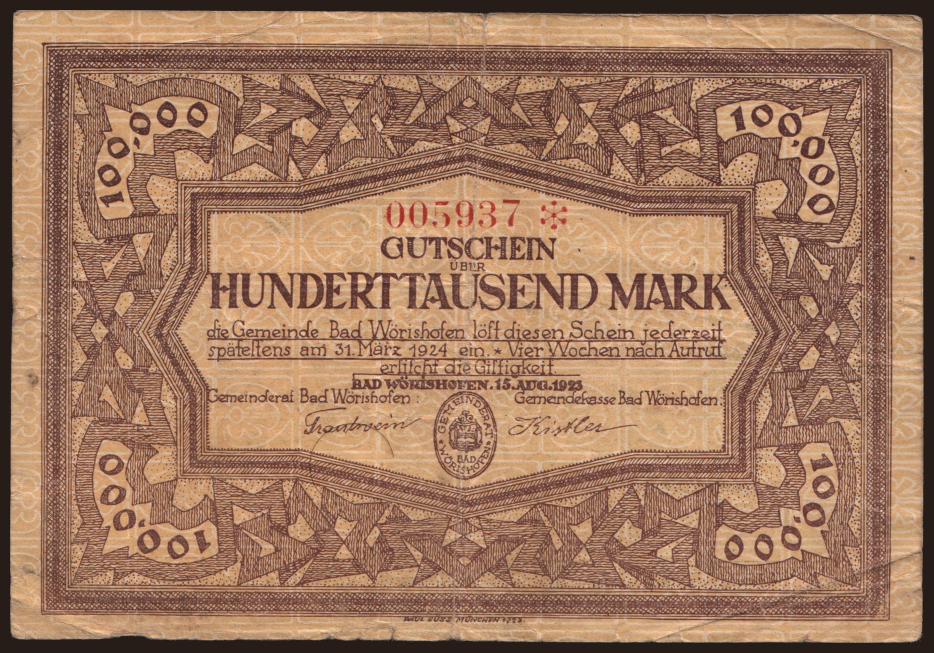 Bad Wörishofen/ Gemeinde, 100.000 Mark, 1923