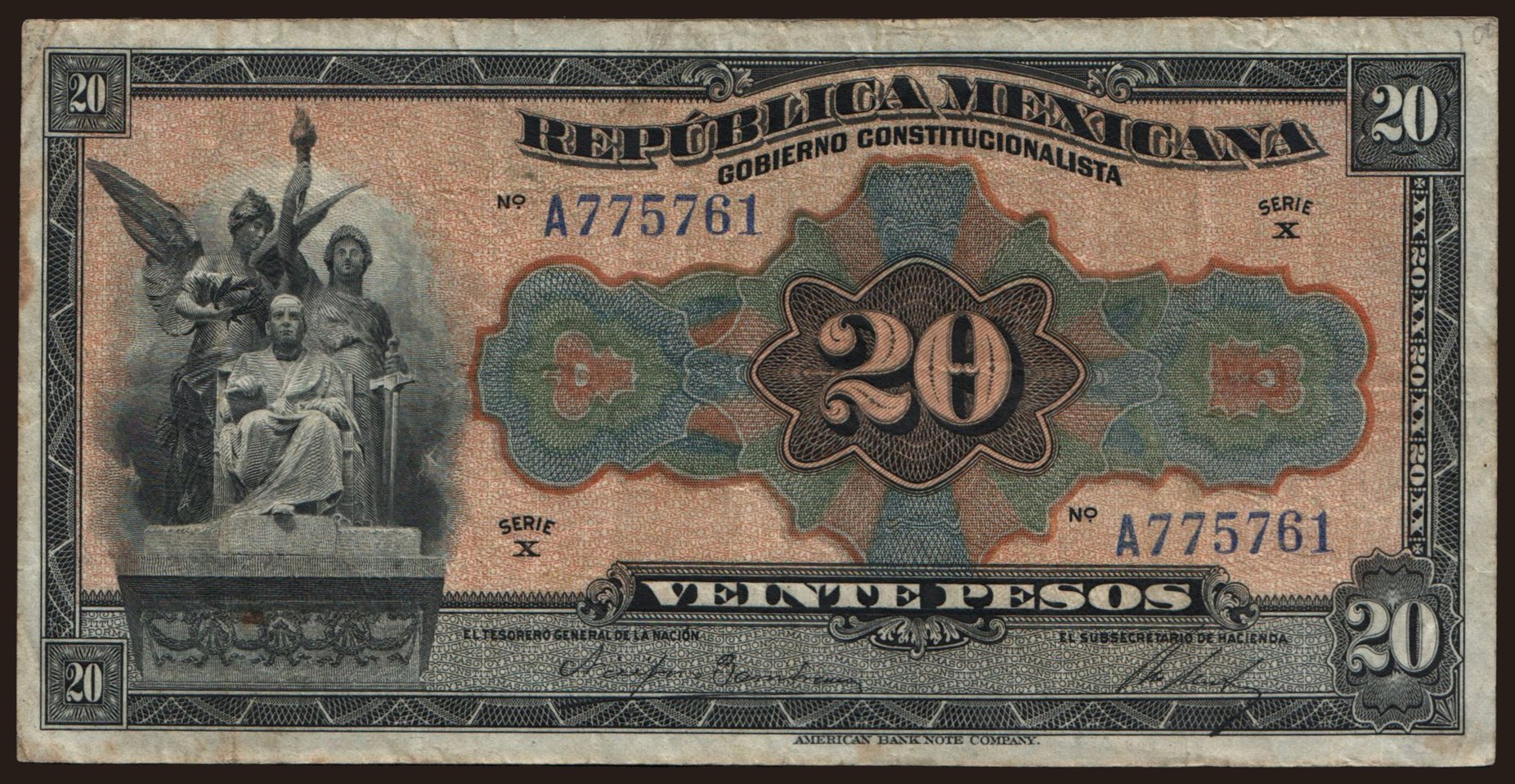Gobierno Constitucionalista, Republica Mexicana, 20 pesos, 1915