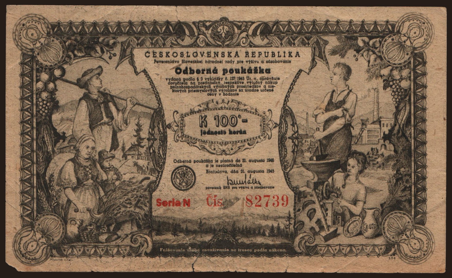 Odberná poukážka, 100 korún, 1945