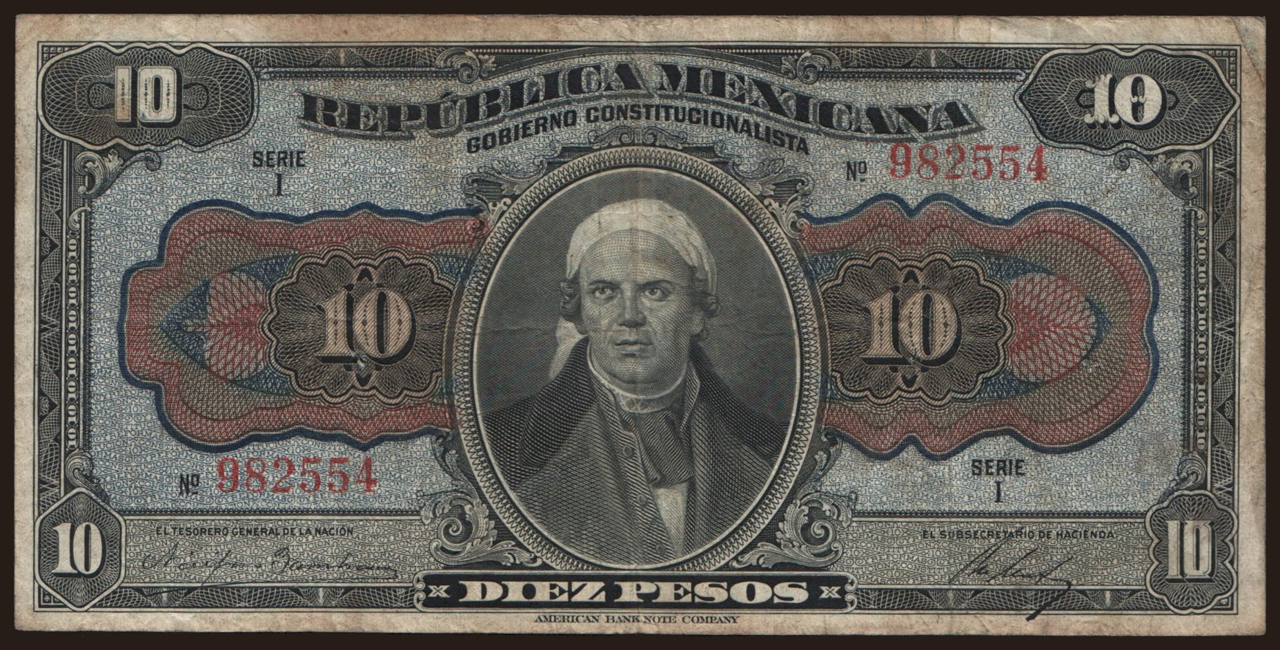 Gobierno Constitucionalista, Republica Mexicana, 10 pesos, 1915
