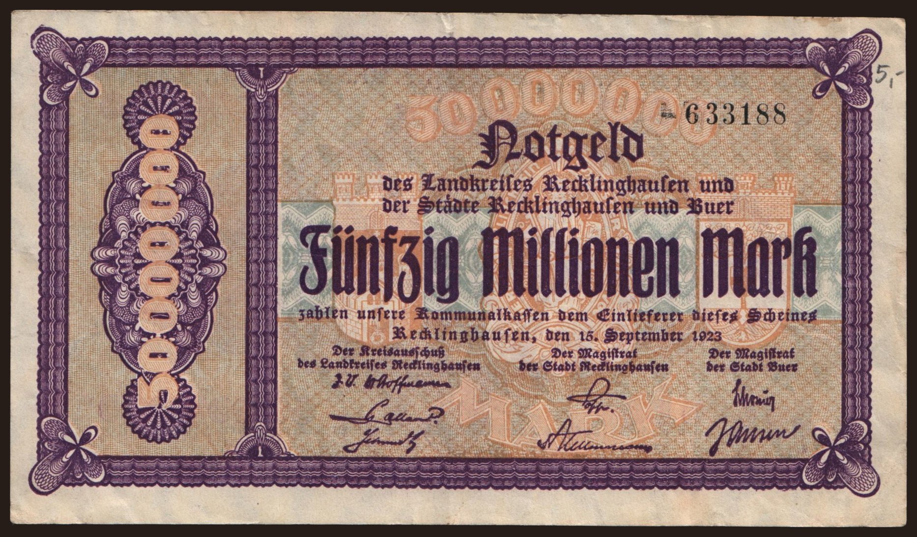 Recklinghausen/ Landkreis und Stadt gemeinsam, 50.000.000 Mark, 1923