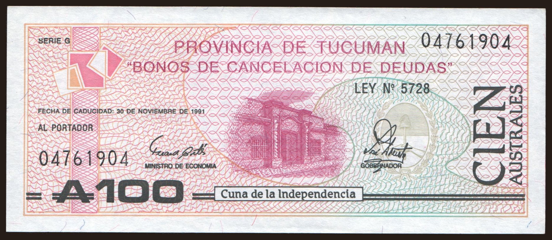 Provincia de Tucuman, 100 australes, 1991
