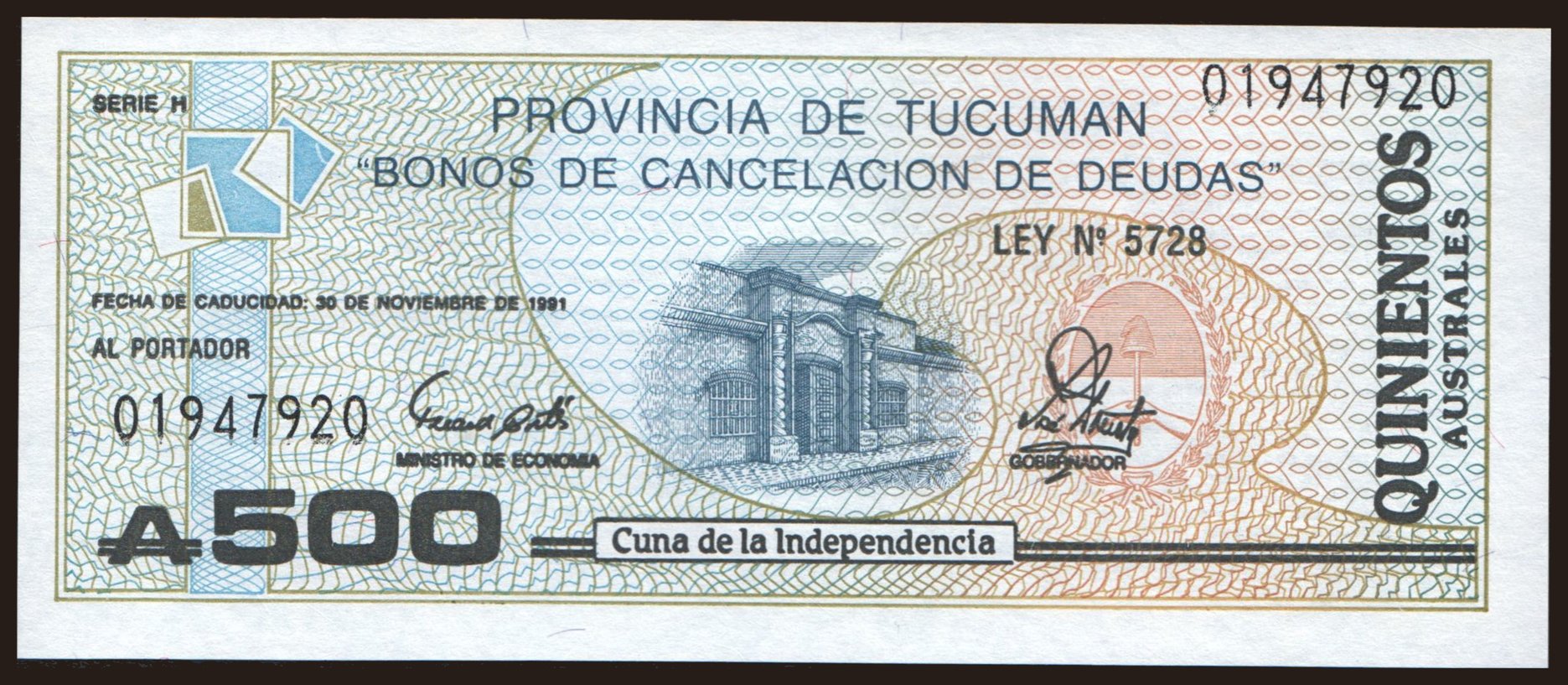 Provincia de Tucuman, 500 australes, 1991
