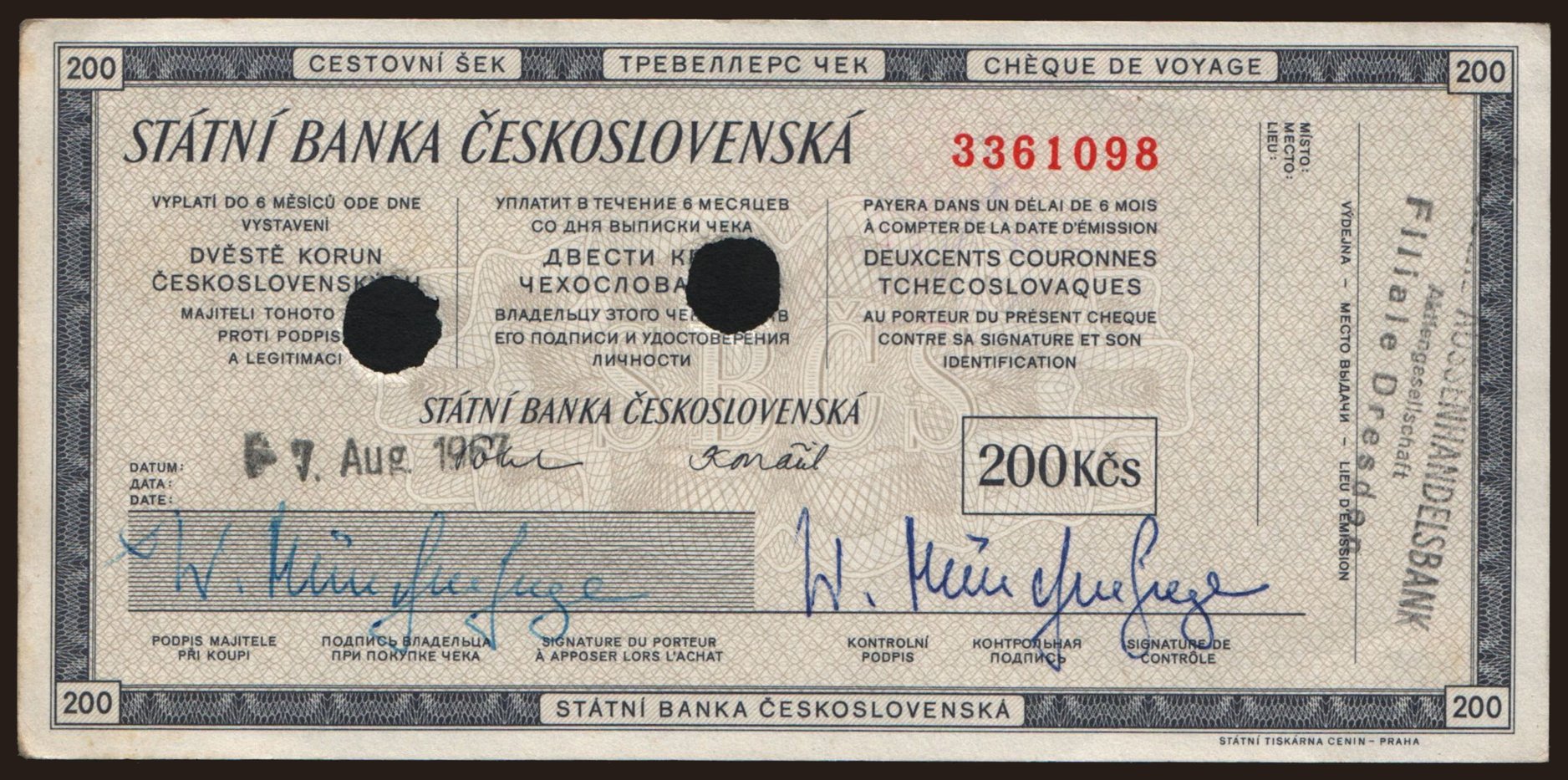 Cestovní šek, 200 korun, 1957