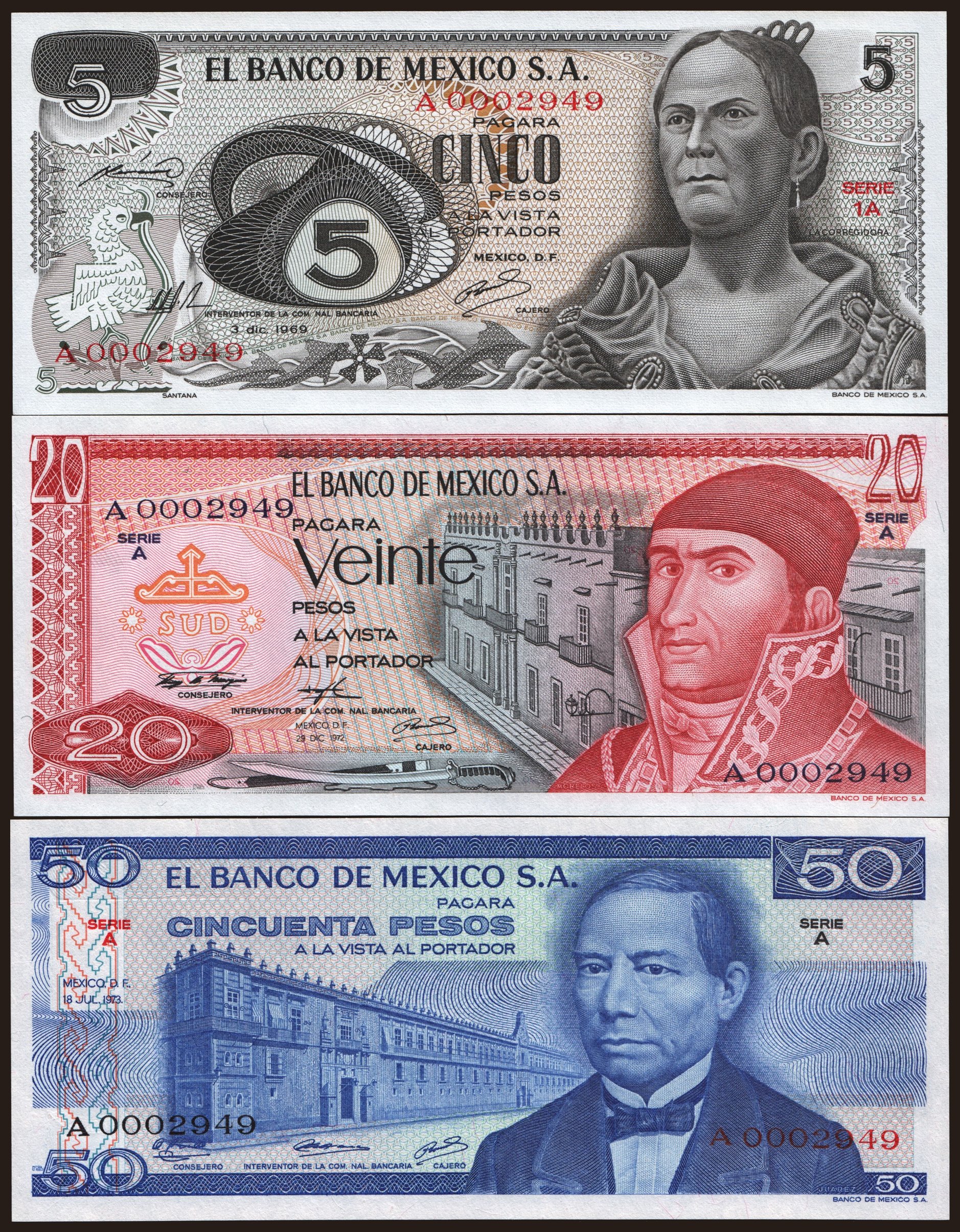 5, 20, 50 pesos, 1969-1973, A 0002949