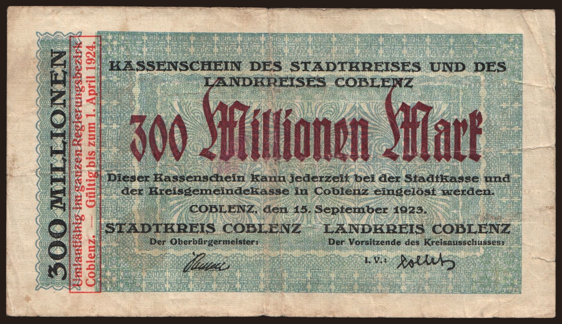 Coblenz/ Stadtkreis und Landkreis, 300.000.000 Mark, 1923