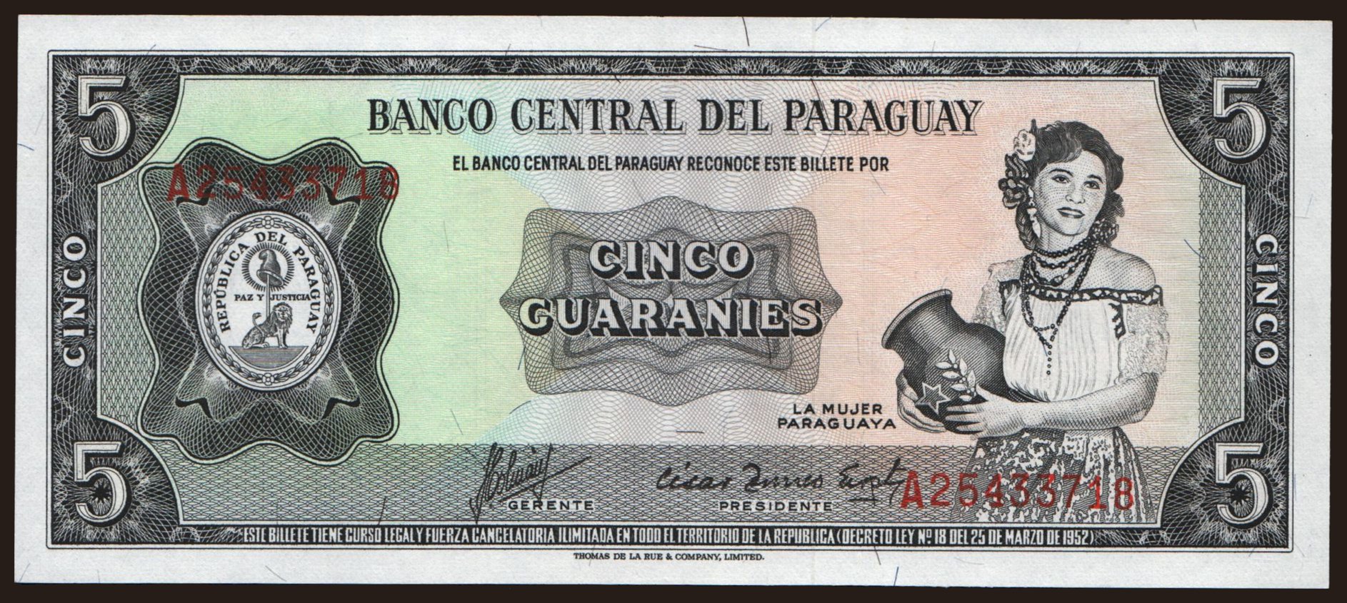 5 guaranies, 1952